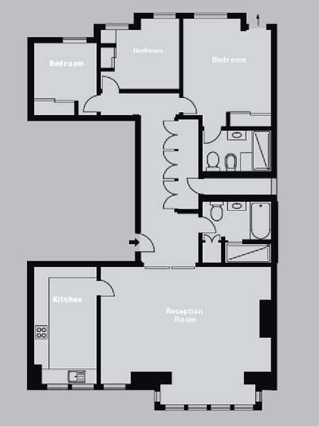 London 3 Bedroom accommodation - apartment layout  (LN-829)