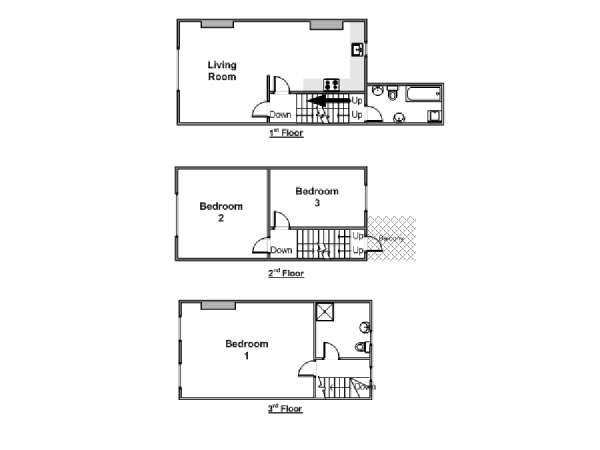 London 3 Bedroom - Triplex accommodation - apartment layout  (LN-1465)