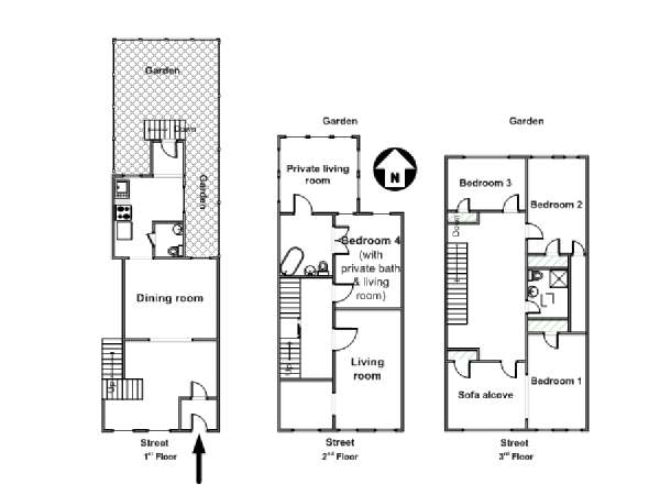 New York 4 Bedroom - Triplex roommate share apartment - apartment layout  (NY-14249)
