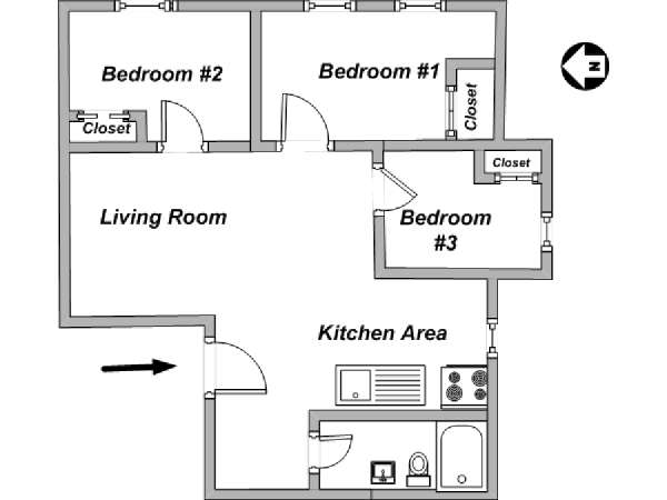 New York 3 Bedroom roommate share apartment - apartment layout  (NY-14993)
