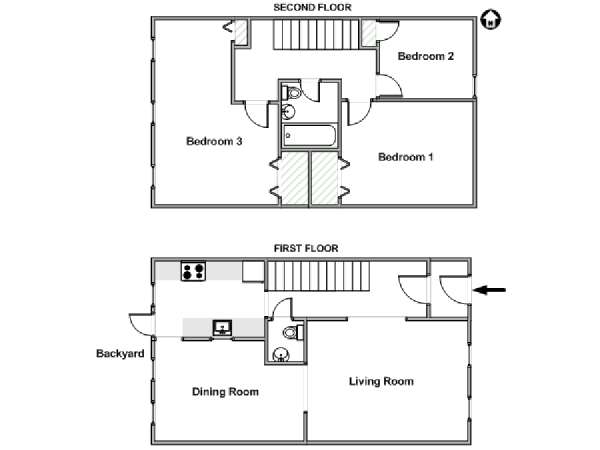 New York 3 Bedroom - Duplex roommate share apartment - apartment layout  (NY-16268)