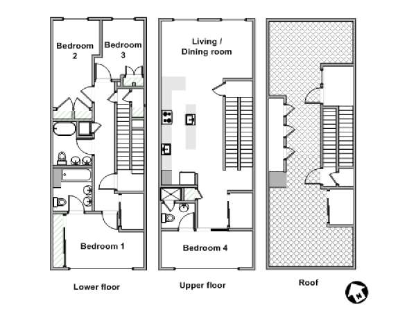 New York 4 Camere da letto - Triplex - Attico appartamento - piantina approssimativa dell' appartamento  (NY-19562)