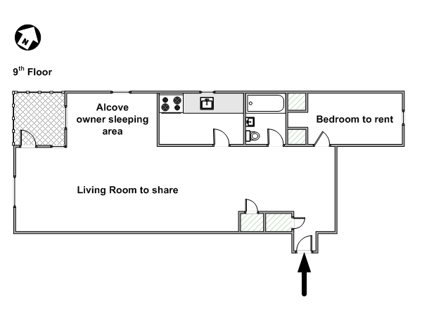 New York 1 Bedroom roommate share apartment - apartment layout  (NY-9074)