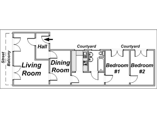 Parigi 2 Camere da letto appartamento - piantina approssimativa dell' appartamento  (PA-2843)