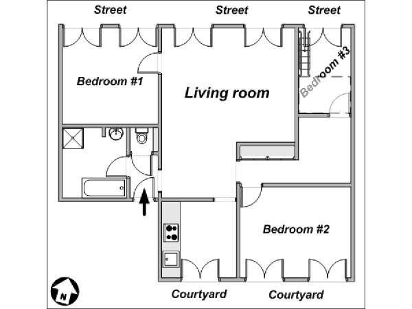 Parigi 3 Camere da letto appartamento casa vacanze - piantina approssimativa dell' appartamento  (PA-3989)