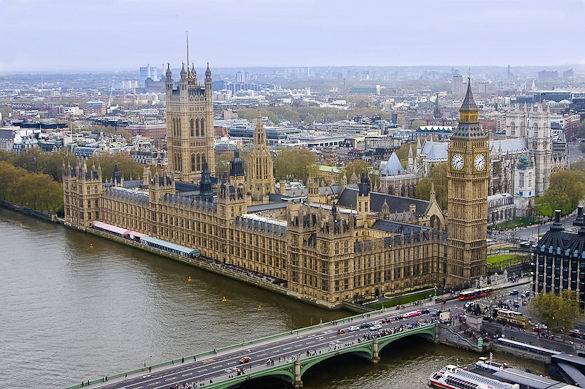 Picture taken from the London Eye of the Houses of Parliament on a cloudy day