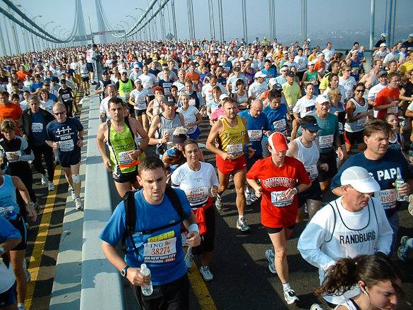 Image of New York City Marathon runners crossing the Verrazano-Narrows Bridge