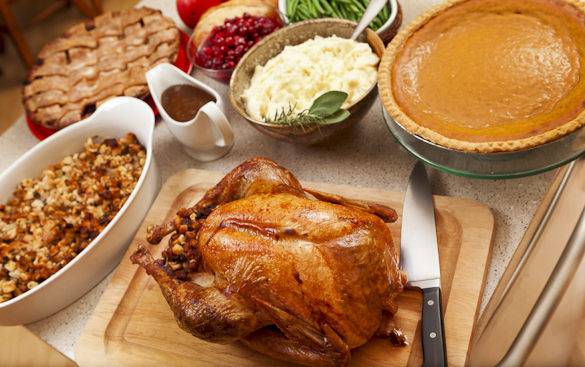 Picture of a traditional Thanksgiving dinner with turkey and side dishes