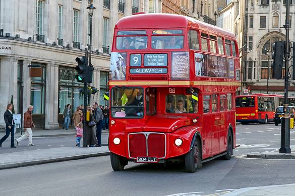 Picture of a traditional red double-decker bus in London