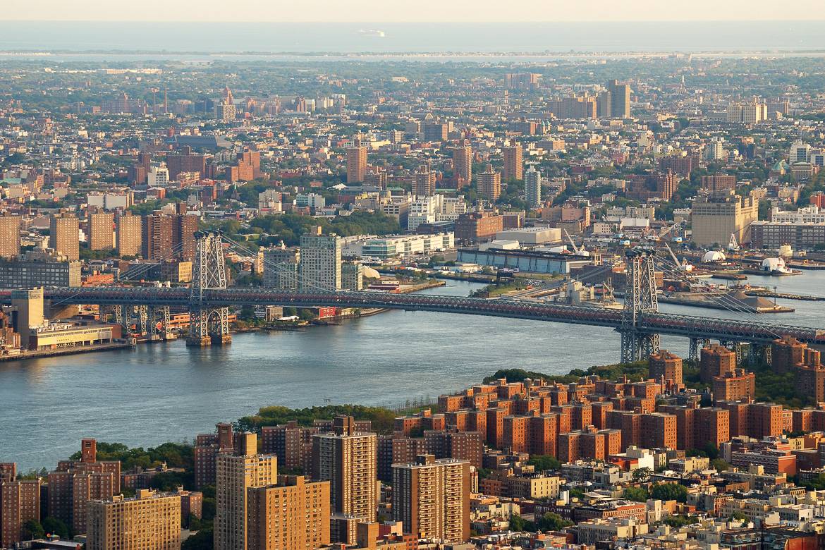 Picture of the Williamsburg Bridge and Brooklyn from an aerial view