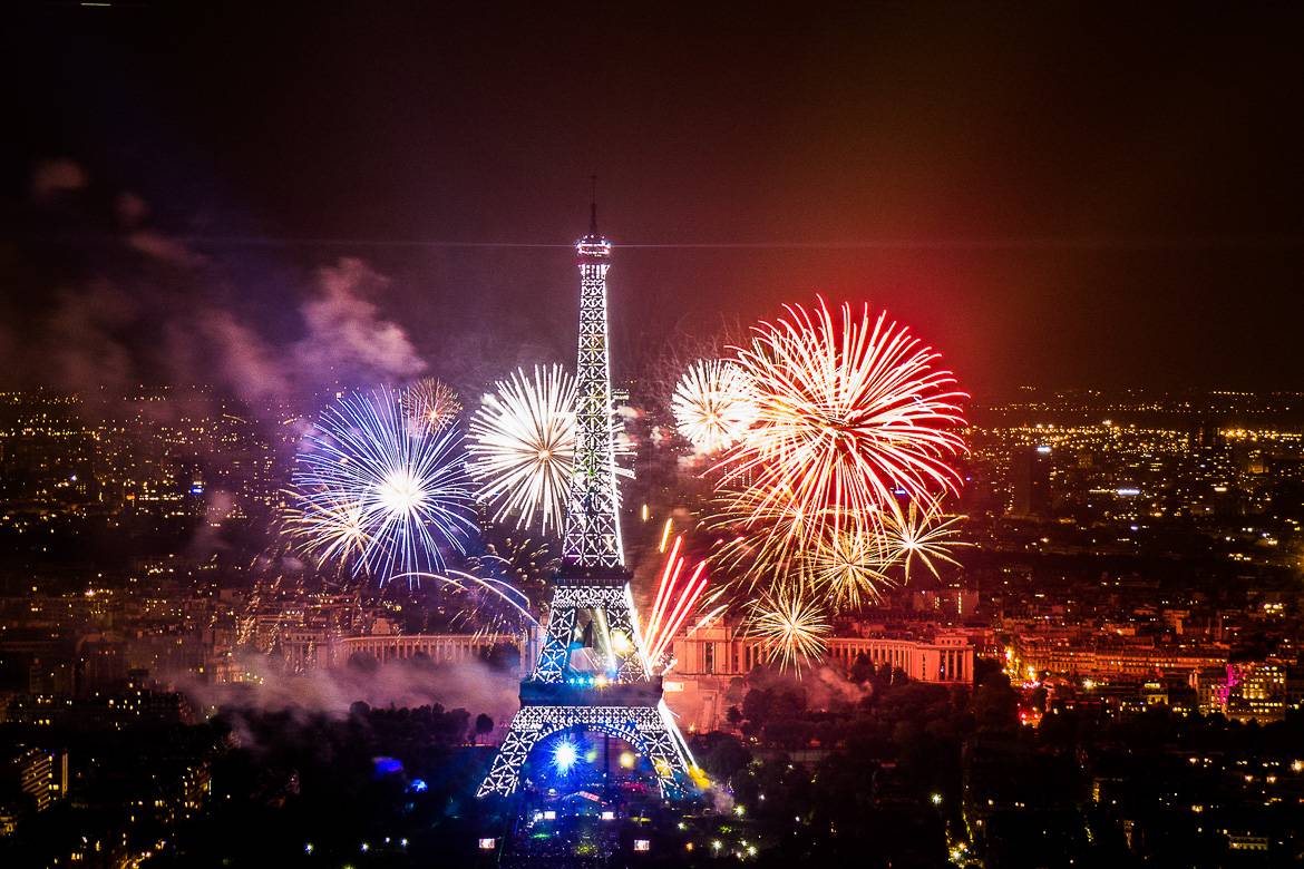Photo of the fireworks grand finale at the Eiffel Tower for Bastille Day.