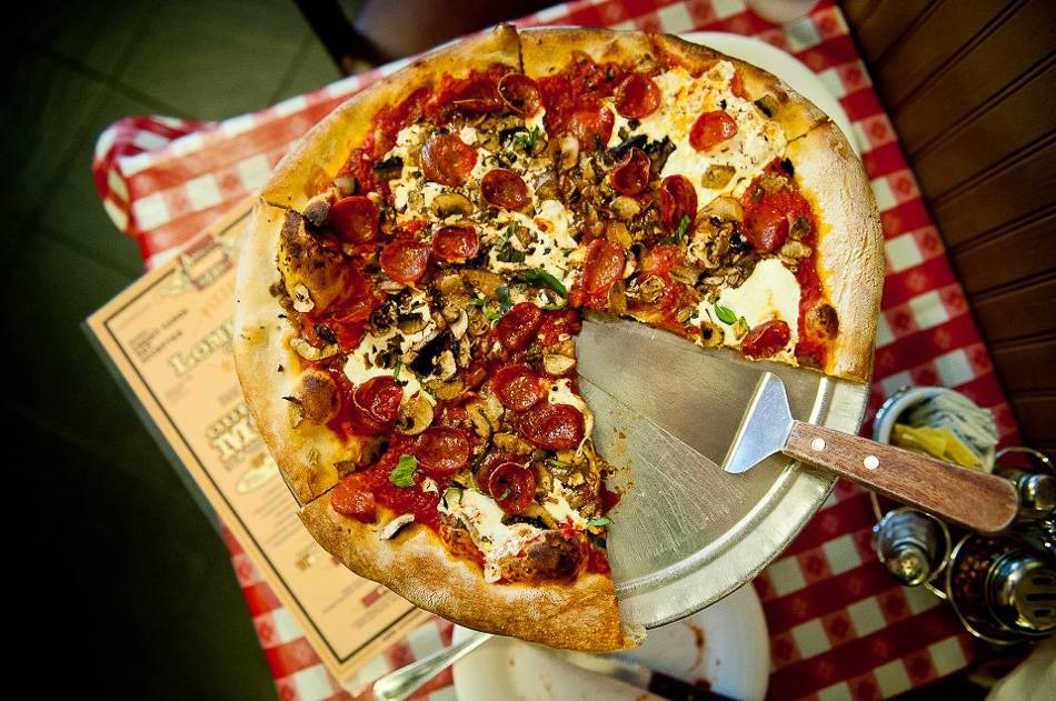 Picture of a fresh pie at Lombardi’s.