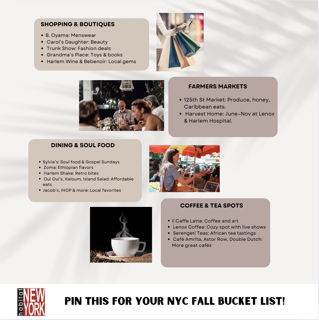 Explore Central Harlem’s best shopping, dining spots, vibrant farmers markets, and cozy cafés— your essential guide to experiencing Harlem like a local this fall!