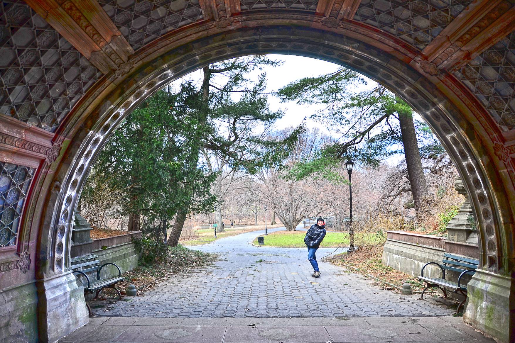 Image of a man under a bridge on a path in Prospect Park, Brooklyn