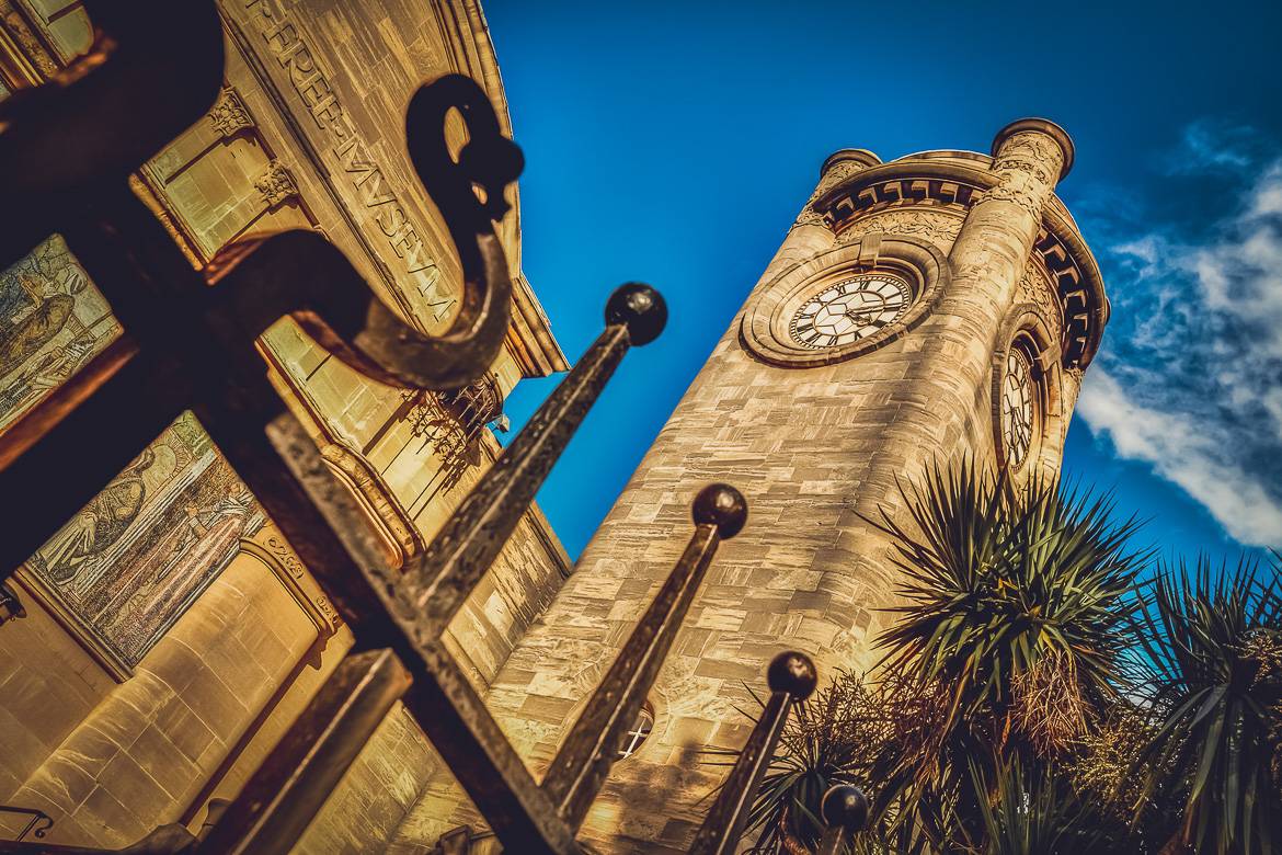 Image of the clock tower of the Romanesque revival Horniman Museum in London