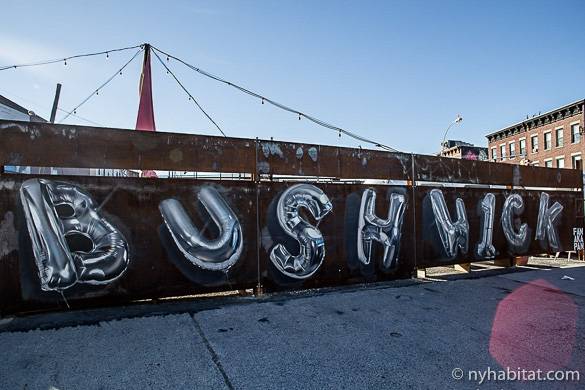 Image of graffiti in Bushwick saying “Bushwick” in Mylar balloon style