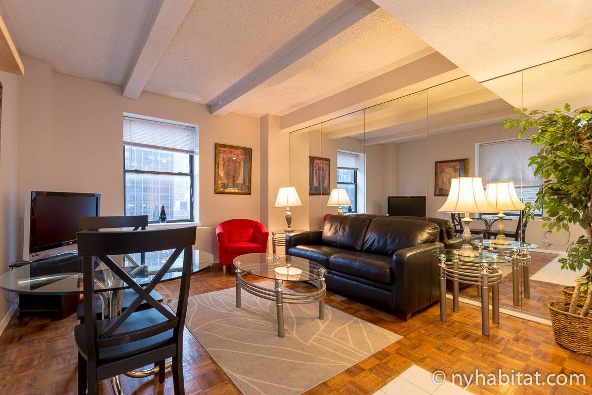 Image of an apartment living area with a couch in front of a flat screen TV
