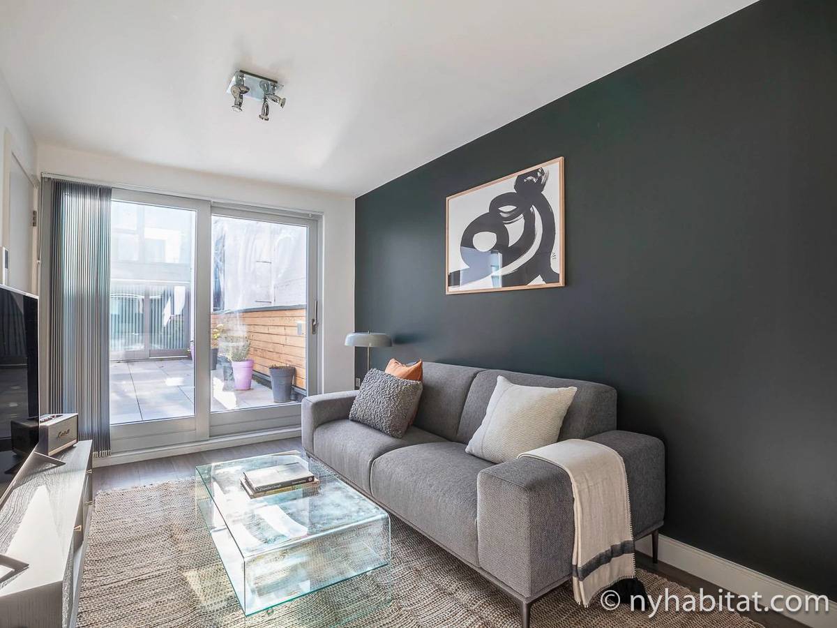 A very modern achromatic-style living-room, with terrace view [LN-2022]