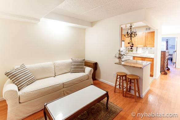 Image of couch, coffee table and kitchen of NY-7311 in the East Village