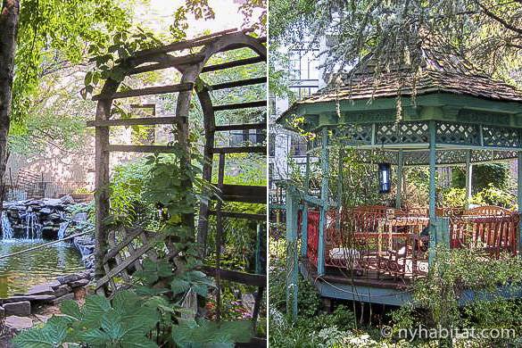 Collage of 6BC Botanical Garden with trellis arch, pond and gazebo