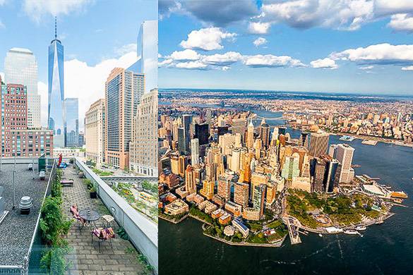 Collage of Battery Park and view of Freedom Tower and rooftop terrace