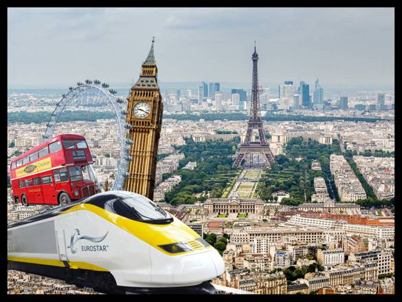Image of a Eurostar train and famous landmarks in Europe