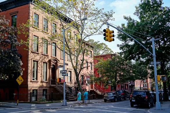 Image of brownstone buildings on the corner of a tree-lined street