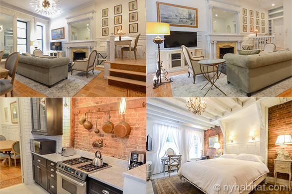 Collage of images of living room and bedroom of NY-16898 with chandeliers, exposed brick and fireplace