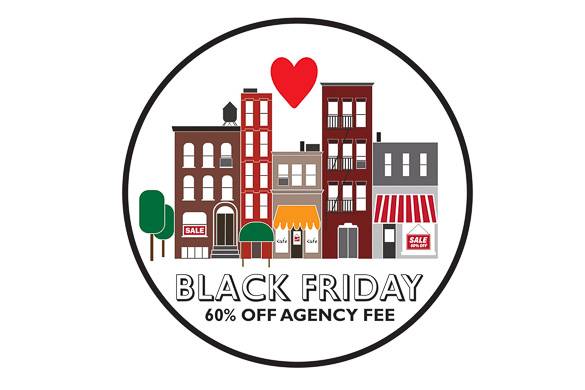 Image of cartoon-style NYC buildings and heart advertising Black Friday sale