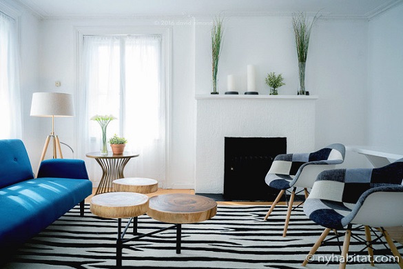 image of the living room in NY-16869, with a zebra striped carpet