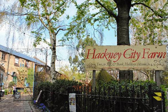 Image of a sign that reads “Hackney City Farm,” there are trees behind the fence