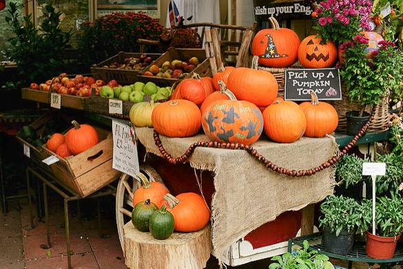 Image of painted pumpkins with wizard hats and ghosts painted on them