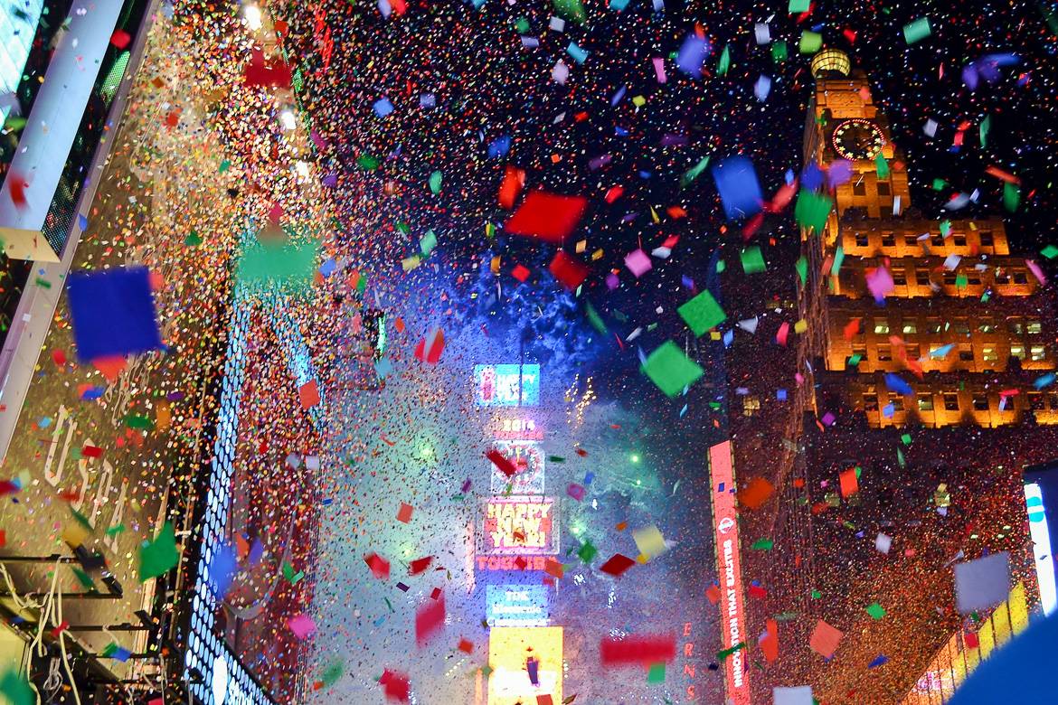Image of confetti explosion in Times Square on New Year’s Eve