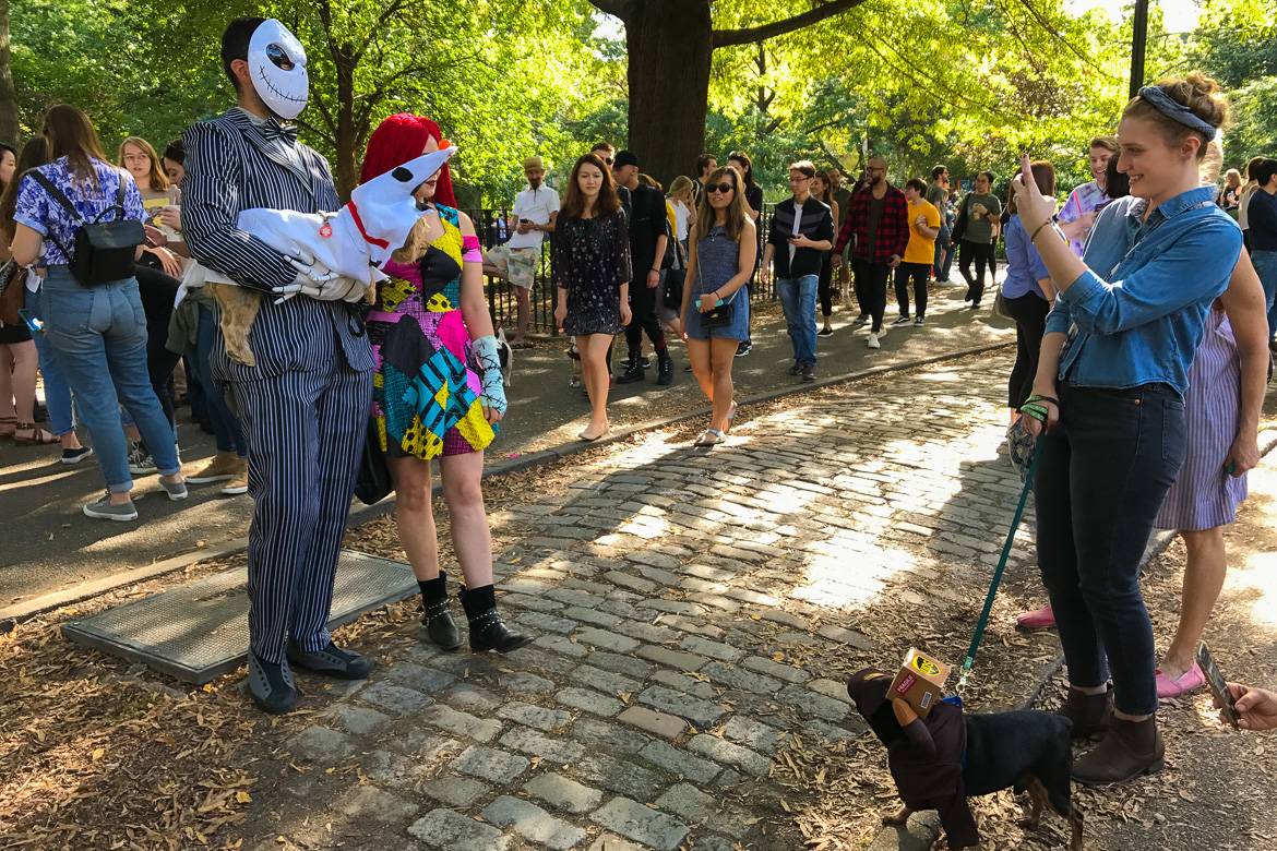 Image of couple and pets dressed for Halloween in Tompkins Square Park