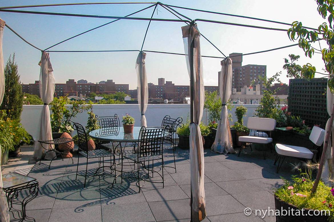 Image of rooftop terrace with table, chairs and plants at NY-11476