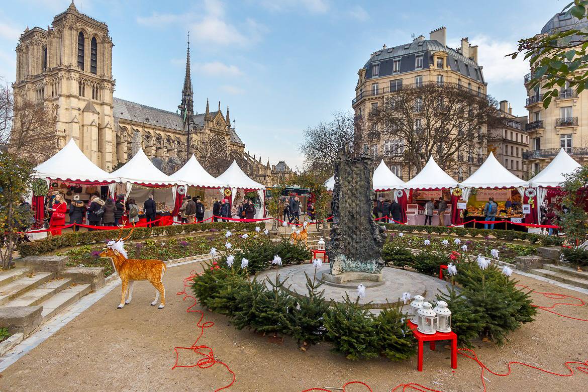 Image of Christmas market stalls with reindeer with Notre Dame Cathedral in the background