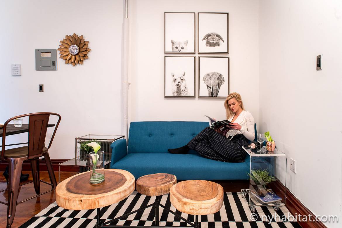 Image of a woman lounging on a couch in the apartment NY-17254