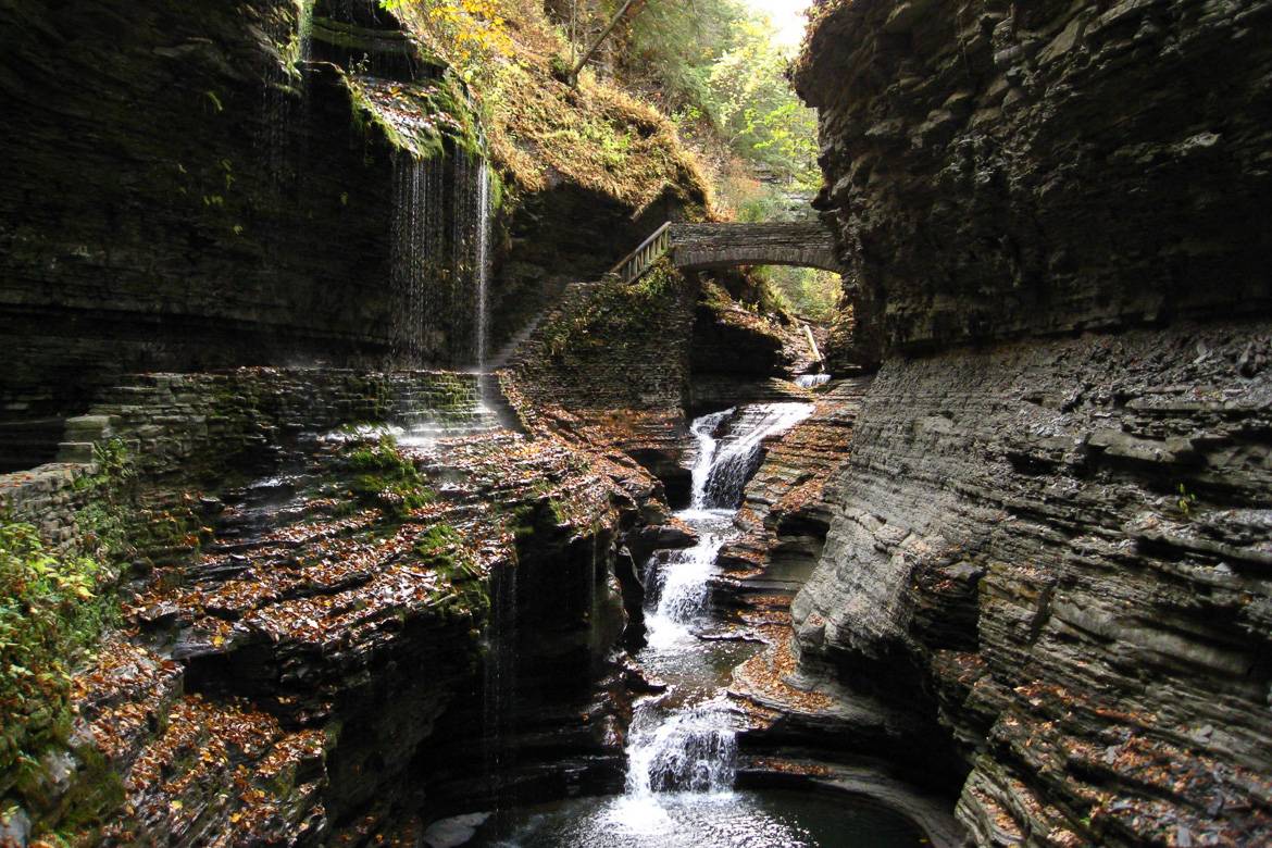 Image of gorge, waterfall and bridge at Watkins Glen State Park.