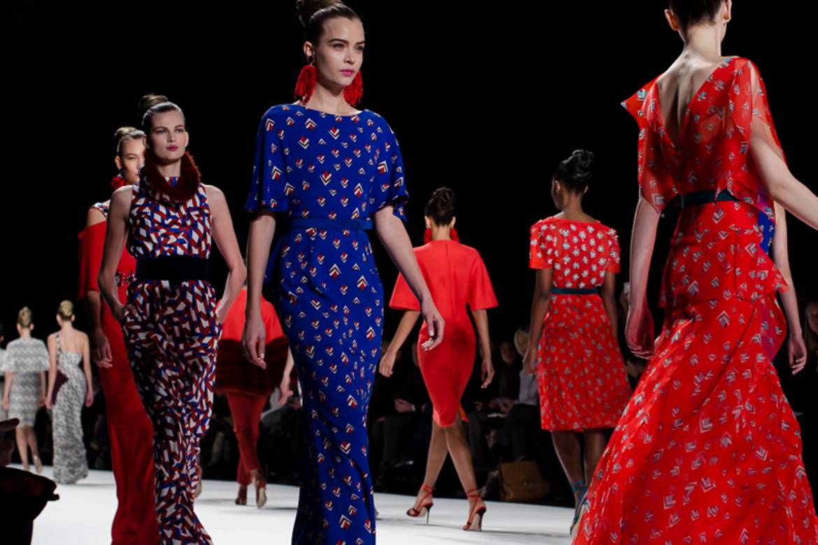 Image of models during the finale of a runway show at Paris Fashion Week.