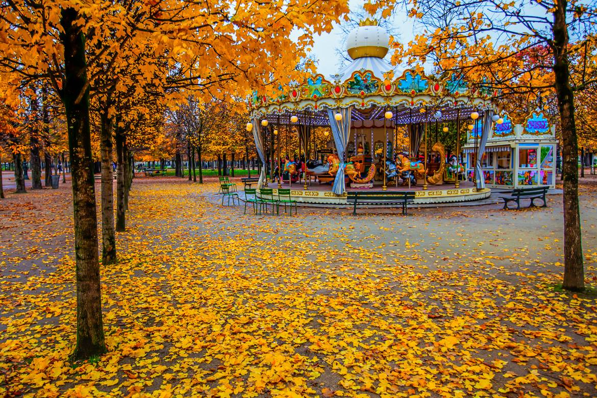 Image of carousel among the trees in Tuileries Garden in autumn.