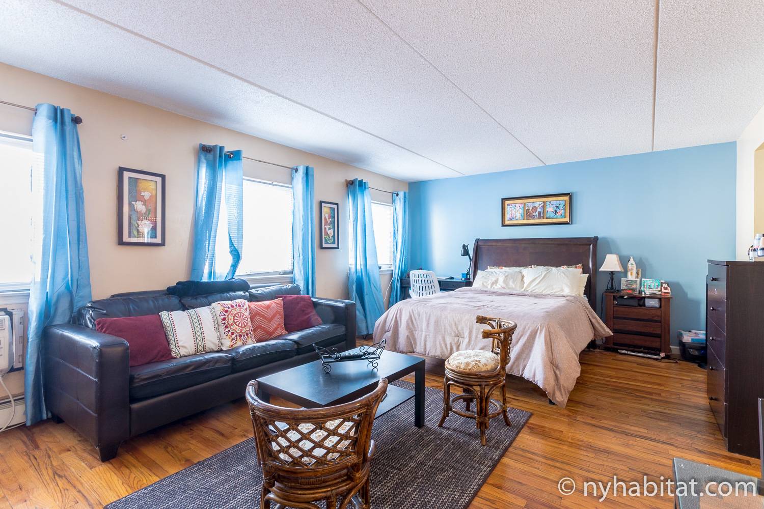 Image of living area in NY-17370 with sofa, curtains and queen-sized bed.