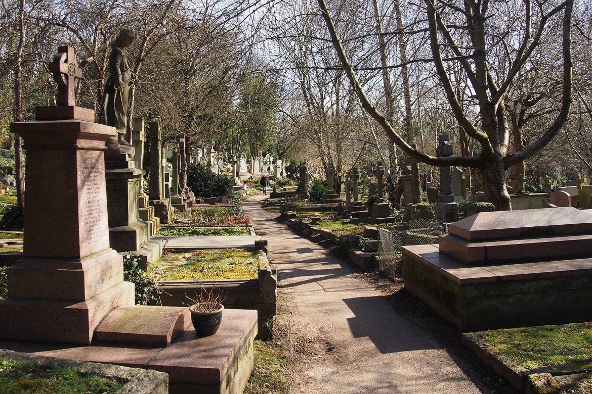 Image of path and gravestones surrounded by trees in London’s Highgate Cemetery.