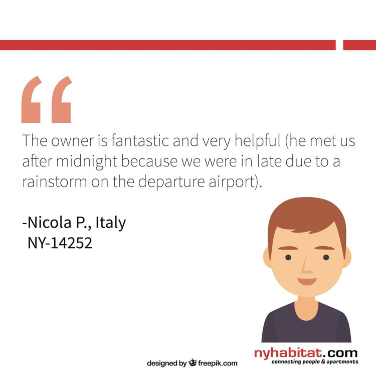 New York Habitat infographic featuring client reviews from past apartment tenants describing the benefits of connecting with an apartment host.