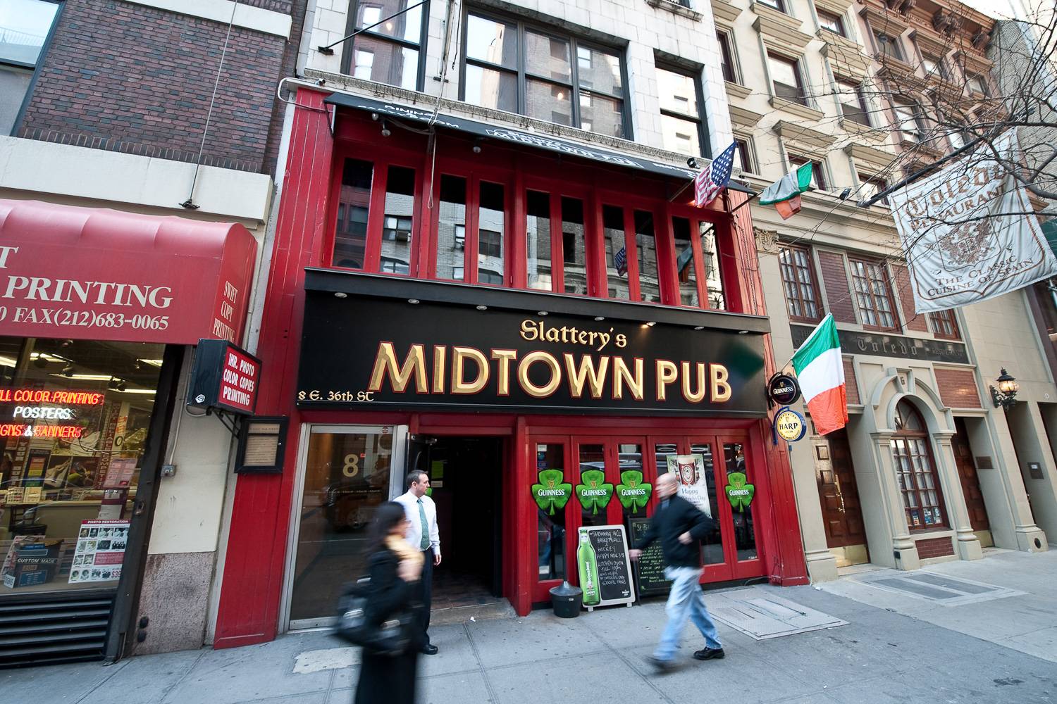Image of Irish pub in Midtown Manhattan decorated with shamrocks for St. Patrick’s Day