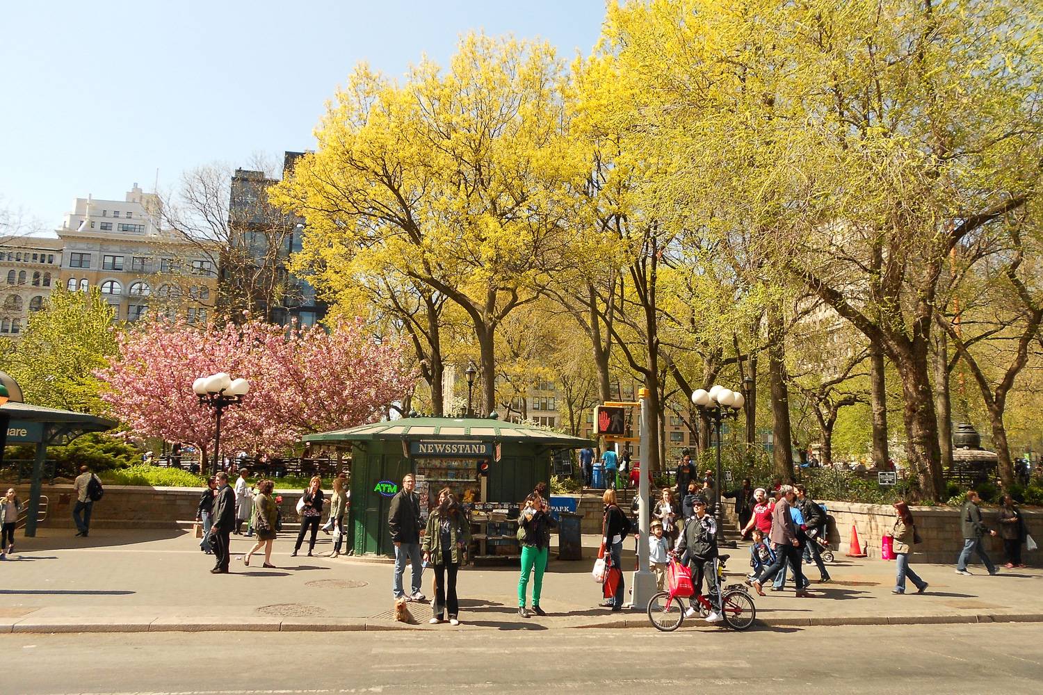 Image of a street view of Union Square park in springtime.