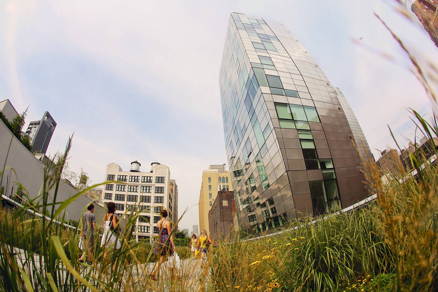 Image of NYC’s High Line park with pedestrians in late spring.
