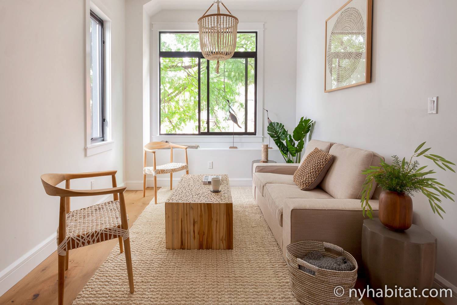 Image of living area in NY-17881 with sofa, chairs, and wooden coffee table.