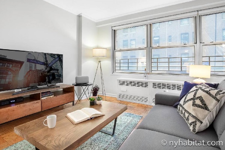 Image of the living area of NY-17709 with gray sofa, television, coffee table, and guarded windows.