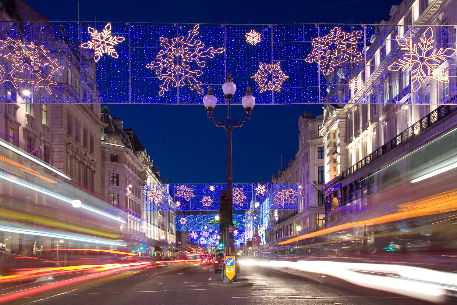 An image of bright, arresting Christmas light displays on Regent Street.