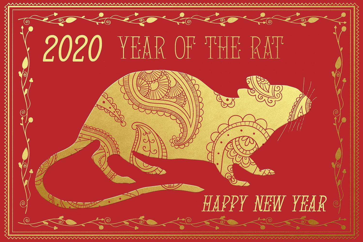 Image of a red and gold card with rat design for Chinese Year of the Rat 2020